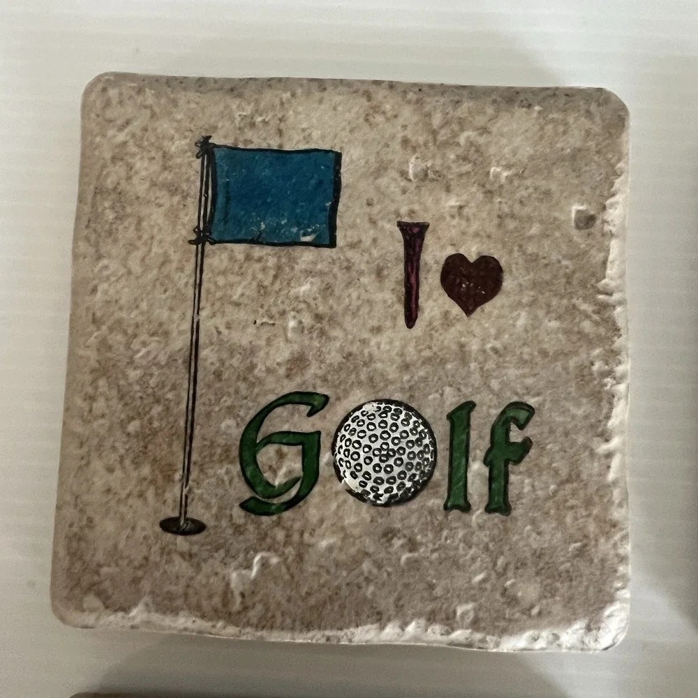 Golf Theme Stone Coaster Set of 4 Handcrafted In Colorado USA Cork Backing
